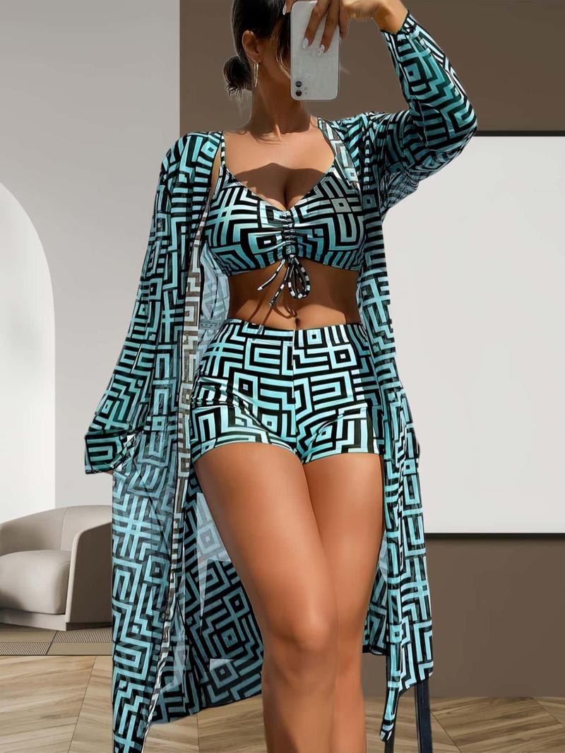 Three-piece Set Women's Geometric Print Drawstring Swimsuit Set, Bikini Sets, Ladies Swimwear for All Seasons, Bikini Top Trunks, Bikini Outfits, Beach Ready, Beachwear, Summer Swimsuit Set, Bikini Bottom