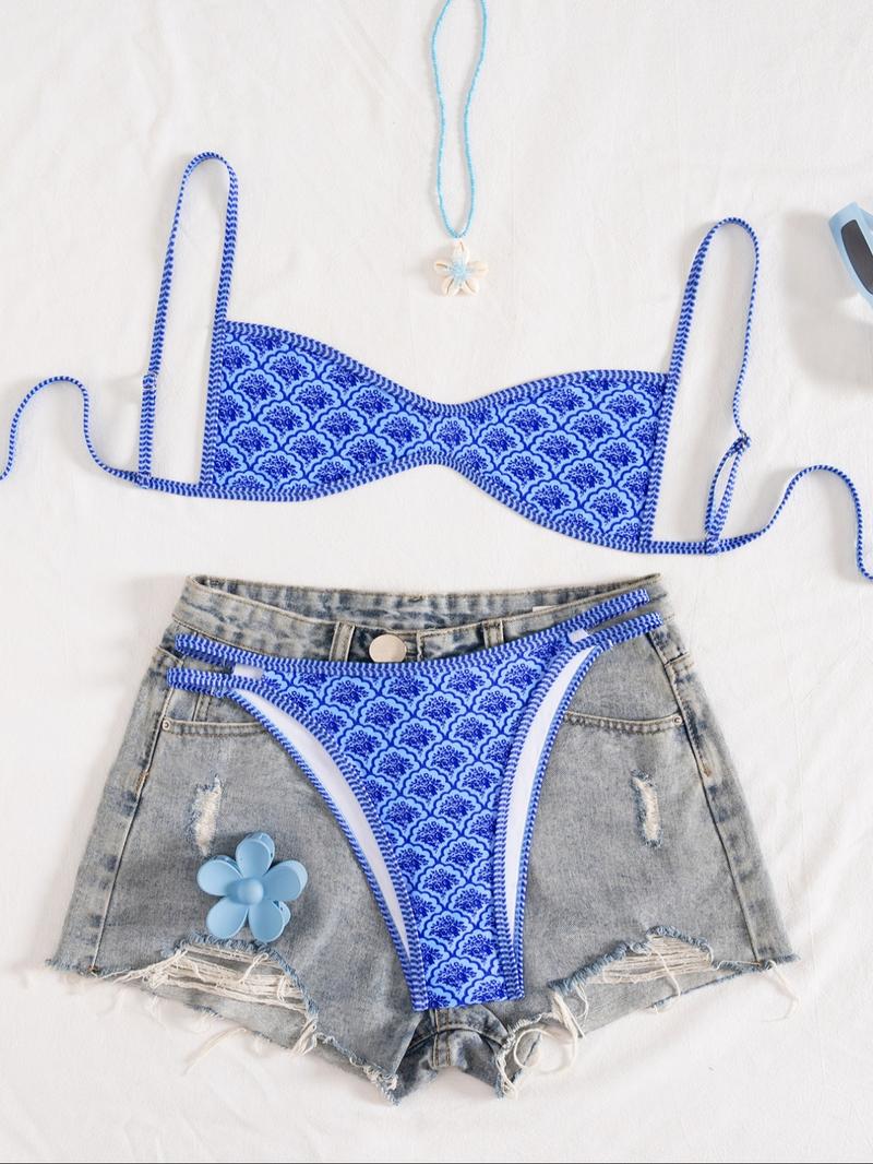 Two-Piece Set Women's Floral Print Bikini Set, Casual Fashion Chic Swimsuit Set for Beach Holiday Vacation, Ladies Summer Clothes, Bikinis Sets, Bikini Top & Floral Bikini Bottom, Beach Bathing Suit, Floral Print Spaghetti Strap Swimsuit
