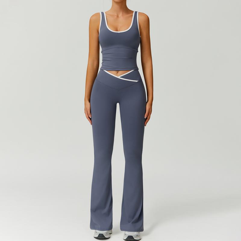 Color Block U-Neck Piped Tank & Bell Bottom Set , Stretch Fabric, Flared Fit , Yoga, Gym, Outdoor & Daily Athleisure , Wome Stylish Activewearn's Summer Lounge Sweatsuits Sleeveless Exercise