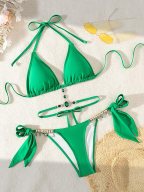 Women's Halter Tie Back Triangle Bra & Ring Linked Panty Bikini Set, Sexy Trendy Summer Swimsuit Set, Ladies Swimwear Rave Outfits, Beach Bikini Set, Halter Bathing Suit, Halter Swim Top, Halter Bikini Sets