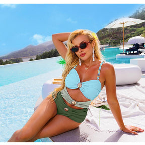 Women’s Metal Design 2 Piece Cut Out Color Block Sexy Swimsuit With Cover Up Skirt