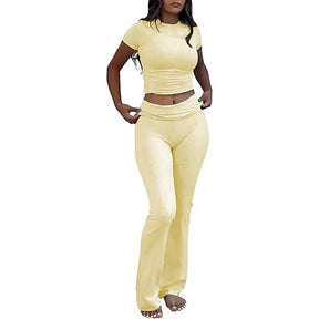 Yoga Women's two-piece casual wear slim fit short sleeved top, low waist bell bottom pants tight pants set, yoga sportswear set, yoga suit, sportswear, slim fit set, fitness set, pajamas set   tracksuits men Loungewear Womenswear Outfit