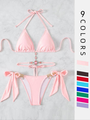 Women's Halter Tie Back Triangle Bra & Ring Linked Panty Bikini Set, Sexy Trendy Summer Swimsuit Set, Ladies Swimwear Rave Outfits, Beach Bikini Set, Halter Bathing Suit, Halter Swim Top, Halter Bikini Sets