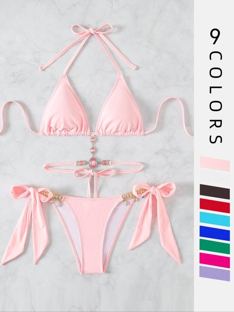 Women's Halter Tie Back Triangle Bra & Ring Linked Panty Bikini Set, Sexy Trendy Summer Swimsuit Set, Ladies Swimwear Rave Outfits, Beach Bikini Set, Halter Bathing Suit, Halter Swim Top, Halter Bikini Sets