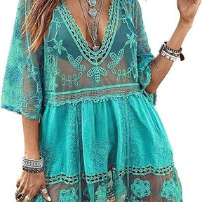 Women's Contrast Lace Bathing Suit Cover Up V-Neck Swimsuit Coverups Loose Swimwear Beach Dress Beachwear Deals for You Days