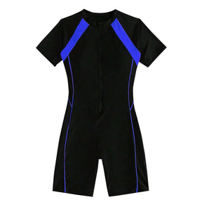 Female Summer One-piece Solid Color Patchwork Flat Angle Short Sleeved Zippered Swimsuit Sun Protection Quick-Drying Swimwear