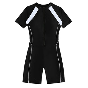 Female Summer One-piece Solid Color Patchwork Flat Angle Short Sleeved Zippered Swimsuit Sun Protection Quick-Drying Swimwear