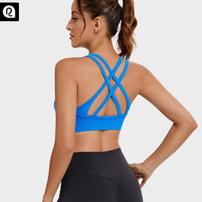 Women's High Support Sports Bra - Criss-Cross Back, Removable Cups, Medium Support, Ultra-Stretch, Moisture-Wicking, Seamless Ribbed Knit Yoga Bra with Naked Feeling