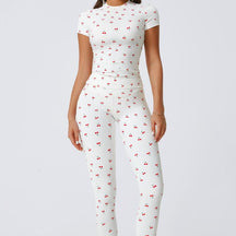 Women's 2-Piece Cherry Print Crew Neck Tee & High-Waist Leggings Set , Extended Hemline, Quick-Dry Snug , Yoga, Gym, Athleisure , Women's Activewear Pilates Outfits Compression Shirts Sweatpants
