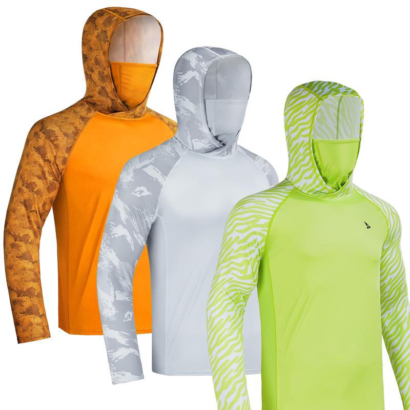 Sun UV Protection Hoodie Shirts, UPF 50+ Men Raglan Long Sleeve Lightweight Quick Dry Breathable Cooling Rash Guard with Mask Neck Gaiter for Outdoor, Hiking, Fishing, Boating, Biking, Sport, Gym, Constructing, Roofing, Landscaping, Gardening 915