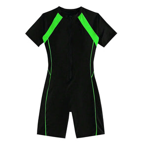 Female Summer One-piece Solid Color Patchwork Flat Angle Short Sleeved Zippered Swimsuit Sun Protection Quick-Drying Swimwear