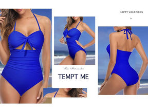 Women Sexy Cutout One Piece Swimsuits Tummy Control High Waisted Halter Front Tie Knot Bathing Suit Plus Size Full Coverage Swimsuit for Women