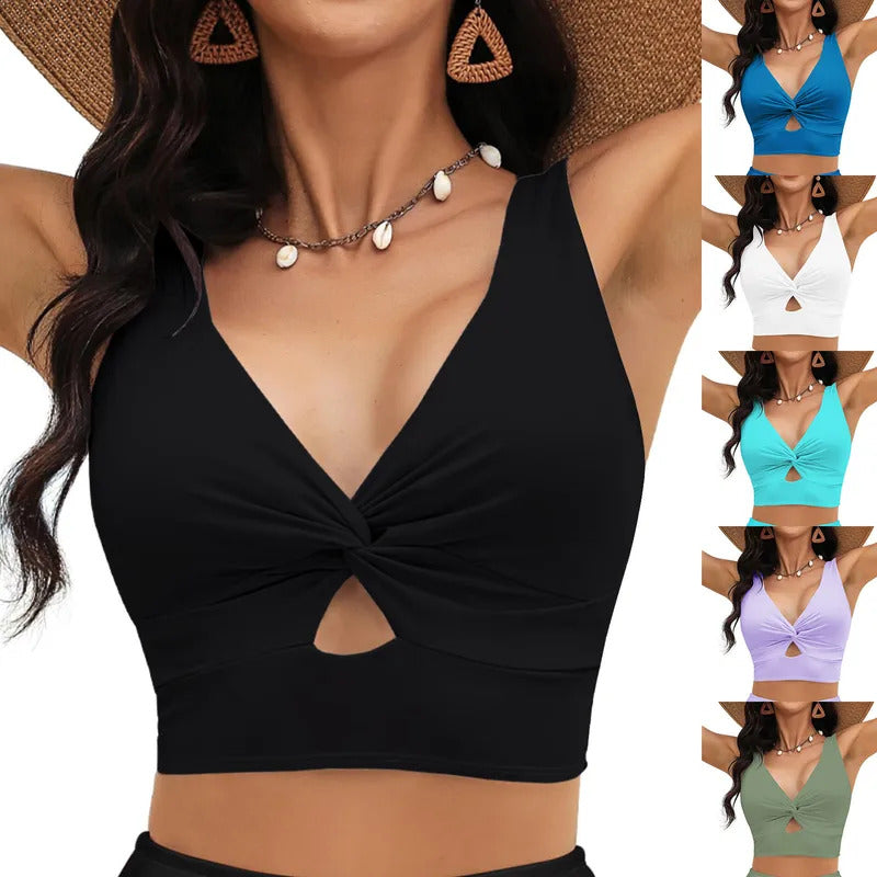 Women'S Swimsuit Top Solid Colour Bikini Swimsuit Fashion Gathering Push Up Tankini Swimsuit Sexy Backless Cross Strap Bikini