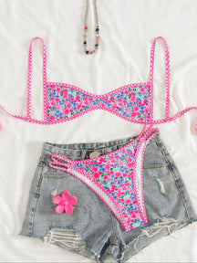 Two-Piece Set Women's Floral Print Bikini Set, Casual Fashion Chic Swimsuit Set for Beach Holiday Vacation, Ladies Summer Clothes, Bikinis Sets, Bikini Top & Floral Bikini Bottom, Beach Bathing Suit, Floral Print Spaghetti Strap Swimsuit