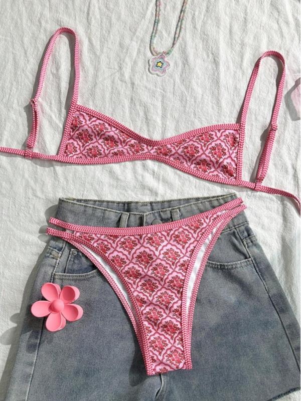 Two-Piece Set Women's Floral Print Bikini Set, Casual Fashion Chic Swimsuit Set for Beach Holiday Vacation, Ladies Summer Clothes, Bikinis Sets, Bikini Top & Floral Bikini Bottom, Beach Bathing Suit, Floral Print Spaghetti Strap Swimsuit