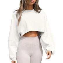 Womens Long Ballon Sleeve Sweatshirts Tops Cropped Crew Neck Loose Fit Casual Workout Shirts