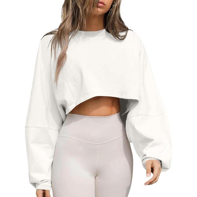 Womens Long Ballon Sleeve Sweatshirts Tops Cropped Crew Neck Loose Fit Casual Workout Shirts