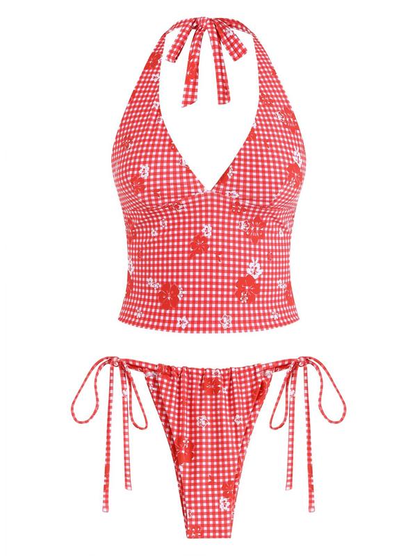 Women's Summer Beach Floral Leaves Halter Tied Tank Style Full Coverage Bikini Tankini Set Two Piece Bathing Suits