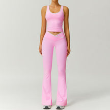 Color Block U-Neck Piped Tank & Bell Bottom Set , Stretch Fabric, Flared Fit , Yoga, Gym, Outdoor & Daily Athleisure , Wome Stylish Activewearn's Summer Lounge Sweatsuits Sleeveless Exercise