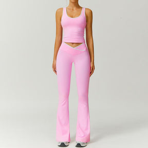 Color Block U-Neck Piped Tank & Bell Bottom Set , Stretch Fabric, Flared Fit , Yoga, Gym, Outdoor & Daily Athleisure , Wome Stylish Activewearn's Summer Lounge Sweatsuits Sleeveless Exercise