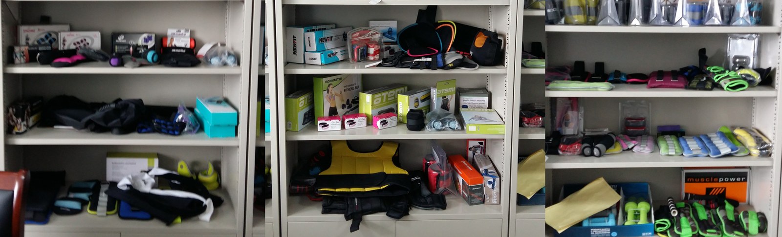 About UnivFitness Fitness product sample shelves in UnivFitness showroom for OEM customers