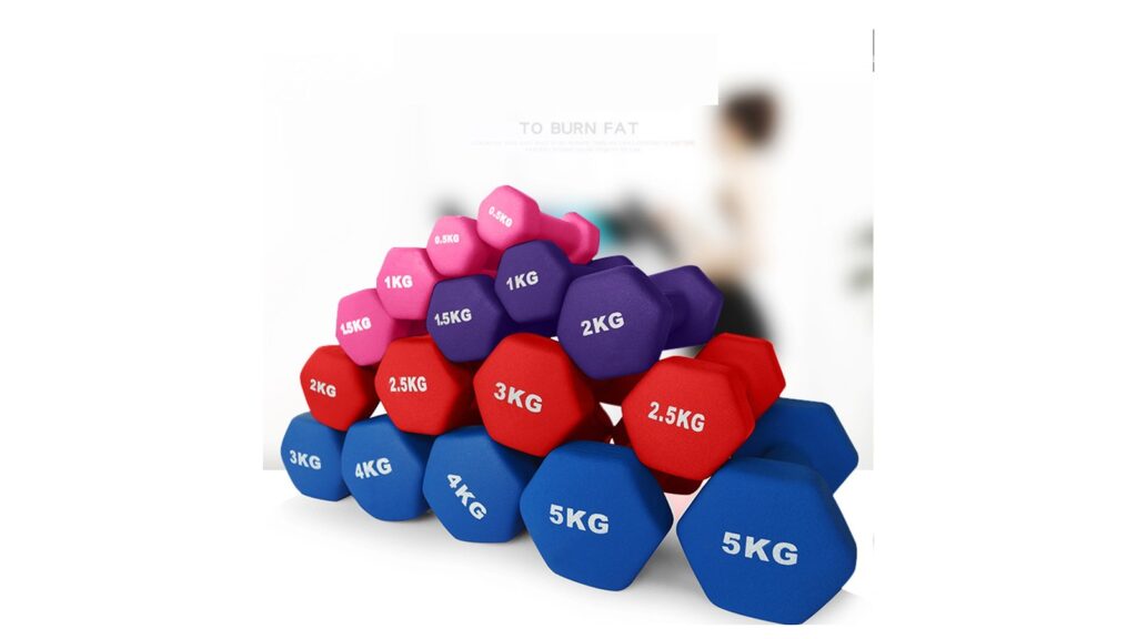 Types of Dumbbells: Cast Iron vs Rubber Hex vs Neoprene — A Buyer's Guide for Resellers Neoprene hex dumbbells colour-coded from 0.5 kg to 5 kg - UnivFitness wholesale dumbbell catalog